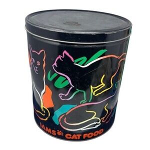 Vintage Iams Cat Food Storage Tin Metal Canister Neon Rainbow Cat Graphics Black